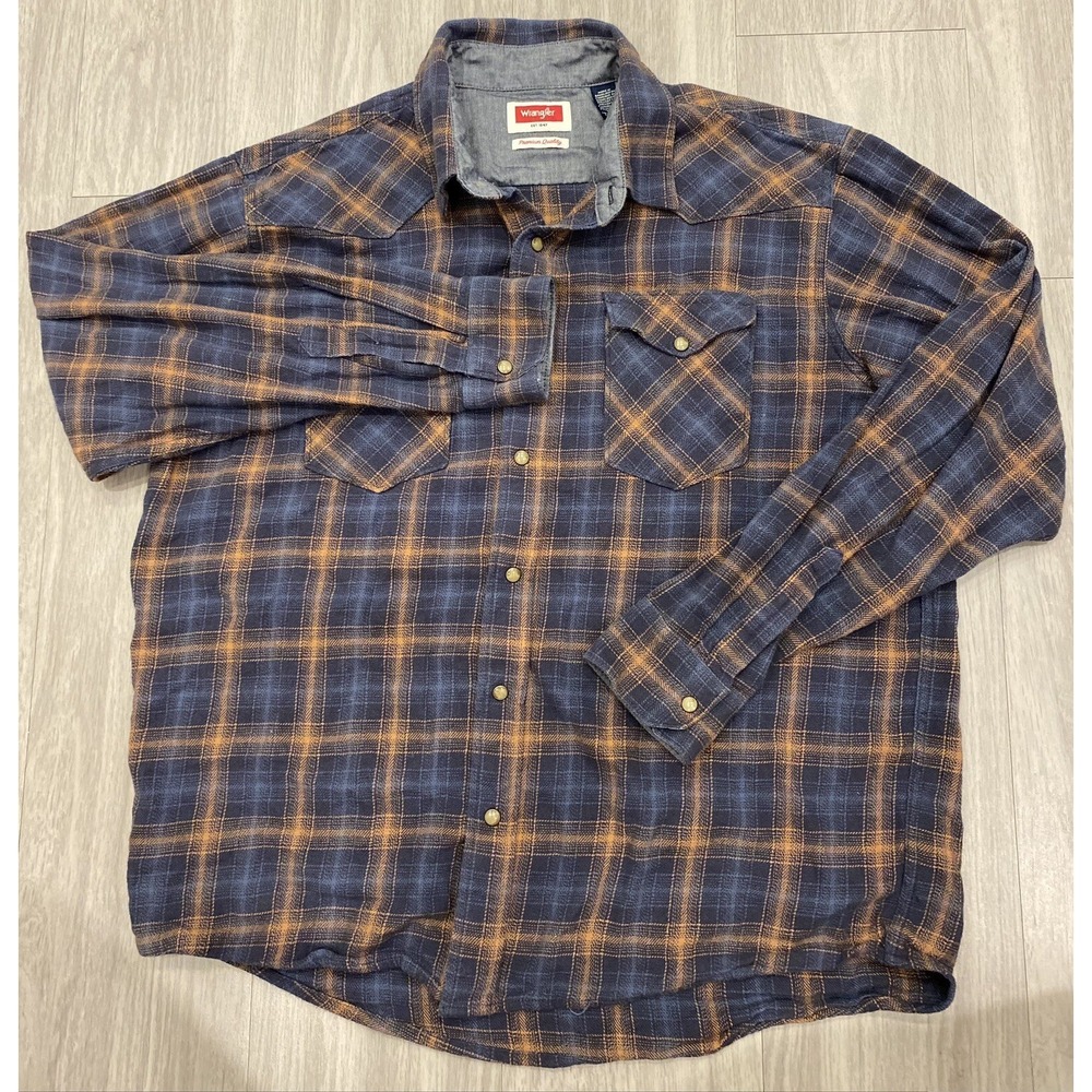 Wrangler Shirt Mens Large Blue Orange Plaid Flannel Pearl Snap Western Work L